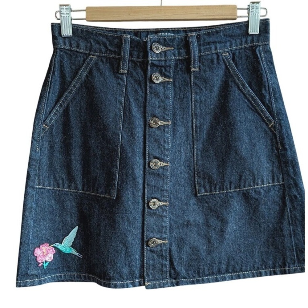 Vintage Lucky Brand Denim Jean Mini Skirt 2/26 Embroidered Hummingbird Flower